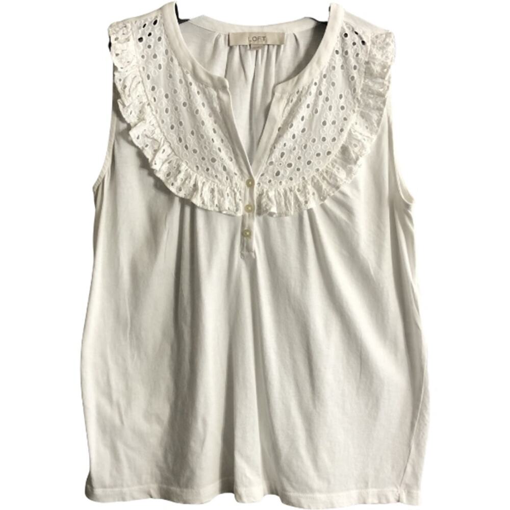 LOFT White Eyelet Ruffle V Neck Sleeveless Cotton Tank Top Size XS